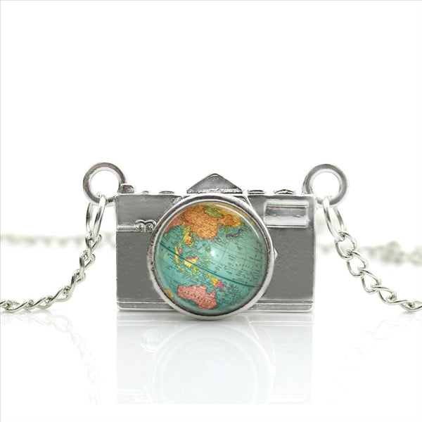 World Map Camera Charm Necklace