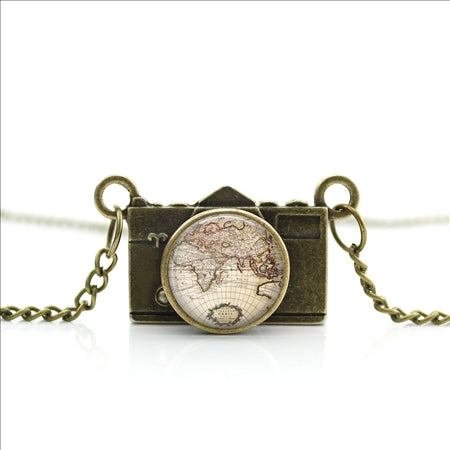World Map Camera Charm Necklace
