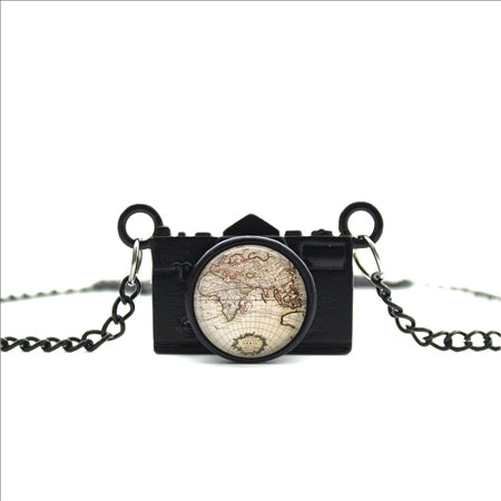 World Map Camera Charm Necklace