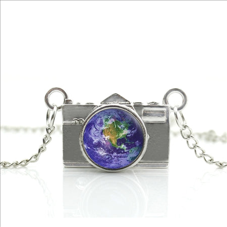 World Map Camera Charm Necklace
