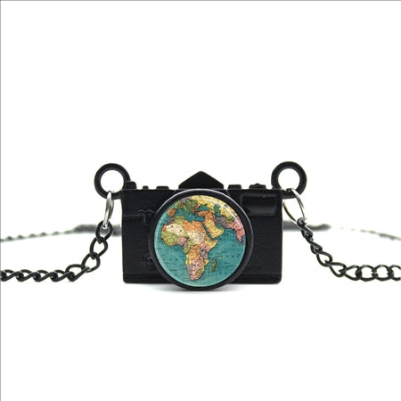 World Map Camera Charm Necklace