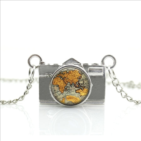 World Map Camera Charm Necklace