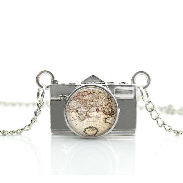 World Map Camera Charm Necklace