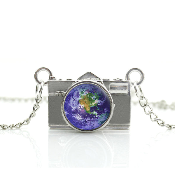 World Map Camera Charm Necklace