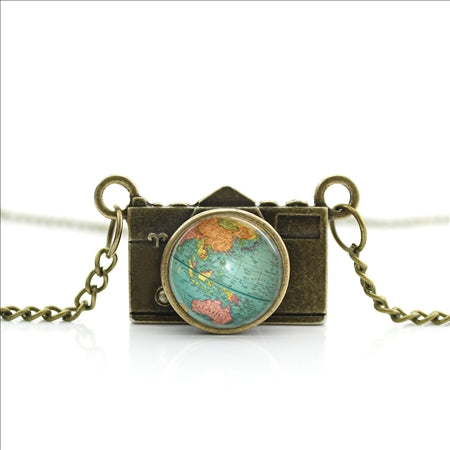 World Map Camera Charm Necklace