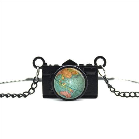 World Map Camera Charm Necklace