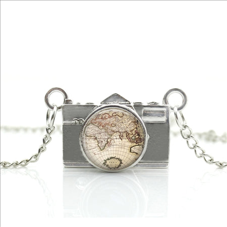 World Map Camera Charm Necklace