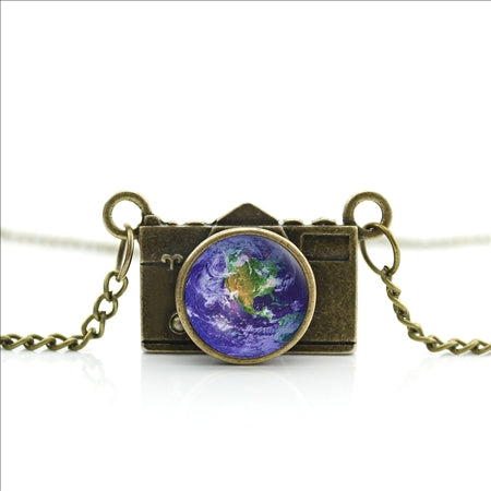 World Map Camera Charm Necklace
