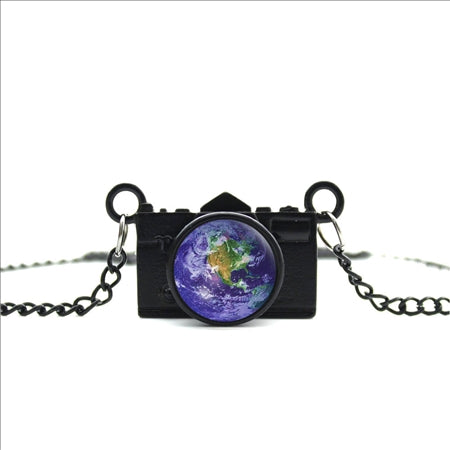 World Map Camera Charm Necklace