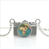 World Map Camera Charm Necklace