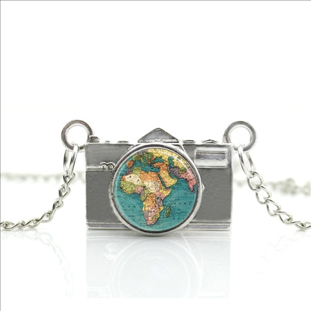 World Map Camera Charm Necklace