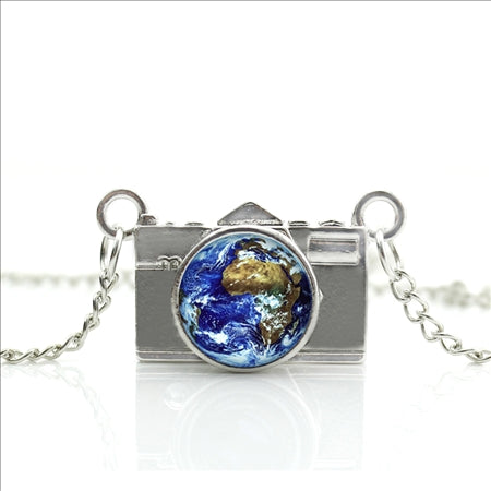 World Map Camera Charm Necklace