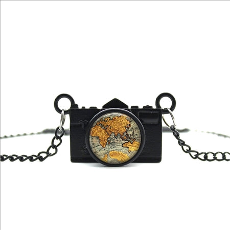 World Map Camera Charm Necklace